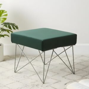 Ikiriya Asansol Sheesham Wood Accent Square Stool with Metal Legs in Dark Green Velvet Upholstery