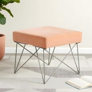 Ikiriya Asansol Sheesham Wood Accent Square Stool with Metal Legs in Peach Mosha Velvet Upholstery
