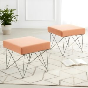Ikiriya Asansol Sheesham Wood Accent Square Set of 2 Stools with Metal Legs in Peach Mosha Velvet Upholstery