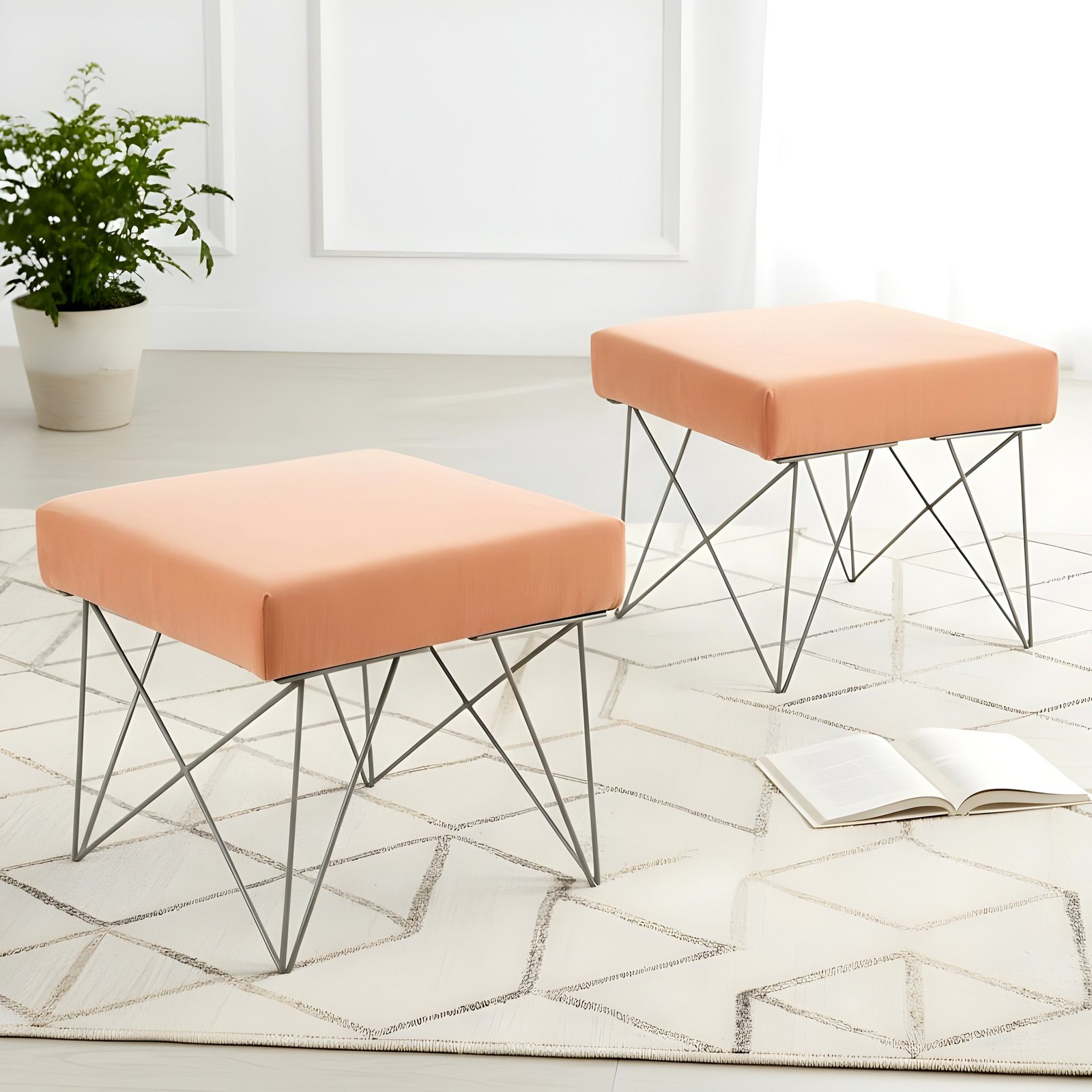 Ikiriya Asansol Sheesham Wood Accent Square Set of 2 Stools with Metal Legs in Peach Mosha Velvet Upholstery