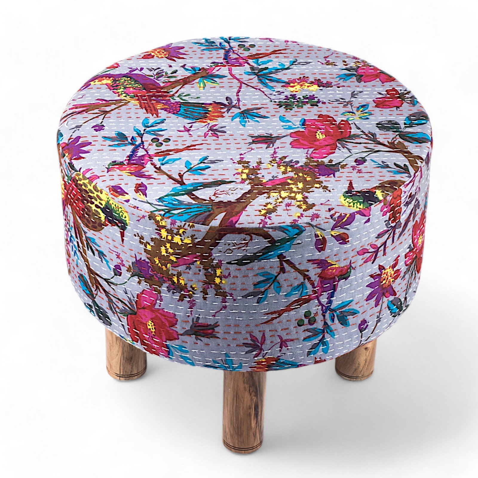 Ikiriya Collio Acacia Wood Mid Century Round Ottoman in Grey Brid Print Kantha Upholstery - Image 2