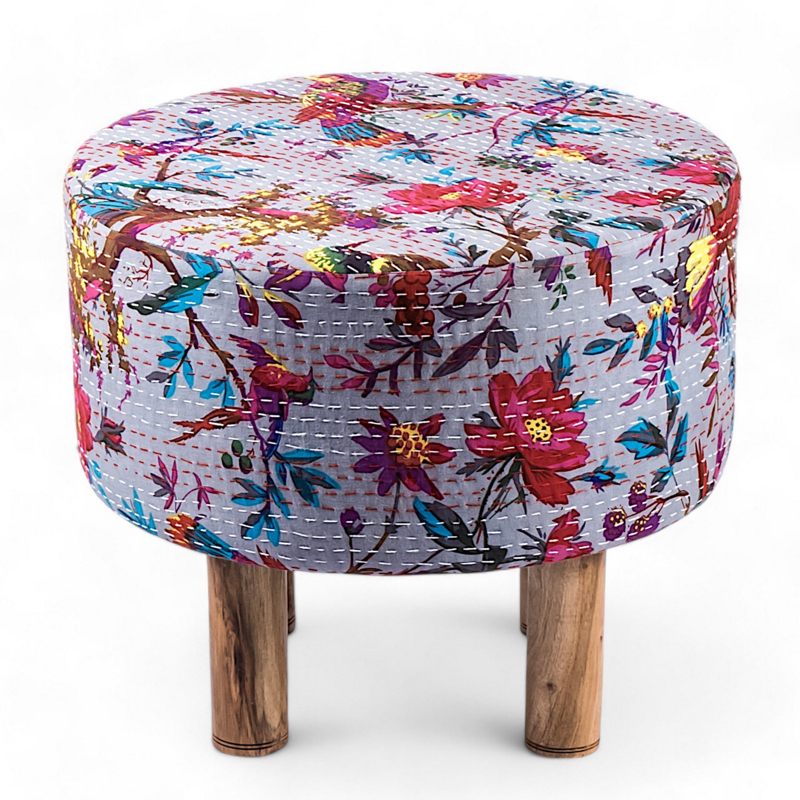 Ikiriya Collio Acacia Wood Mid Century Round Ottoman in Grey Brid Print Kantha Upholstery - Image 3
