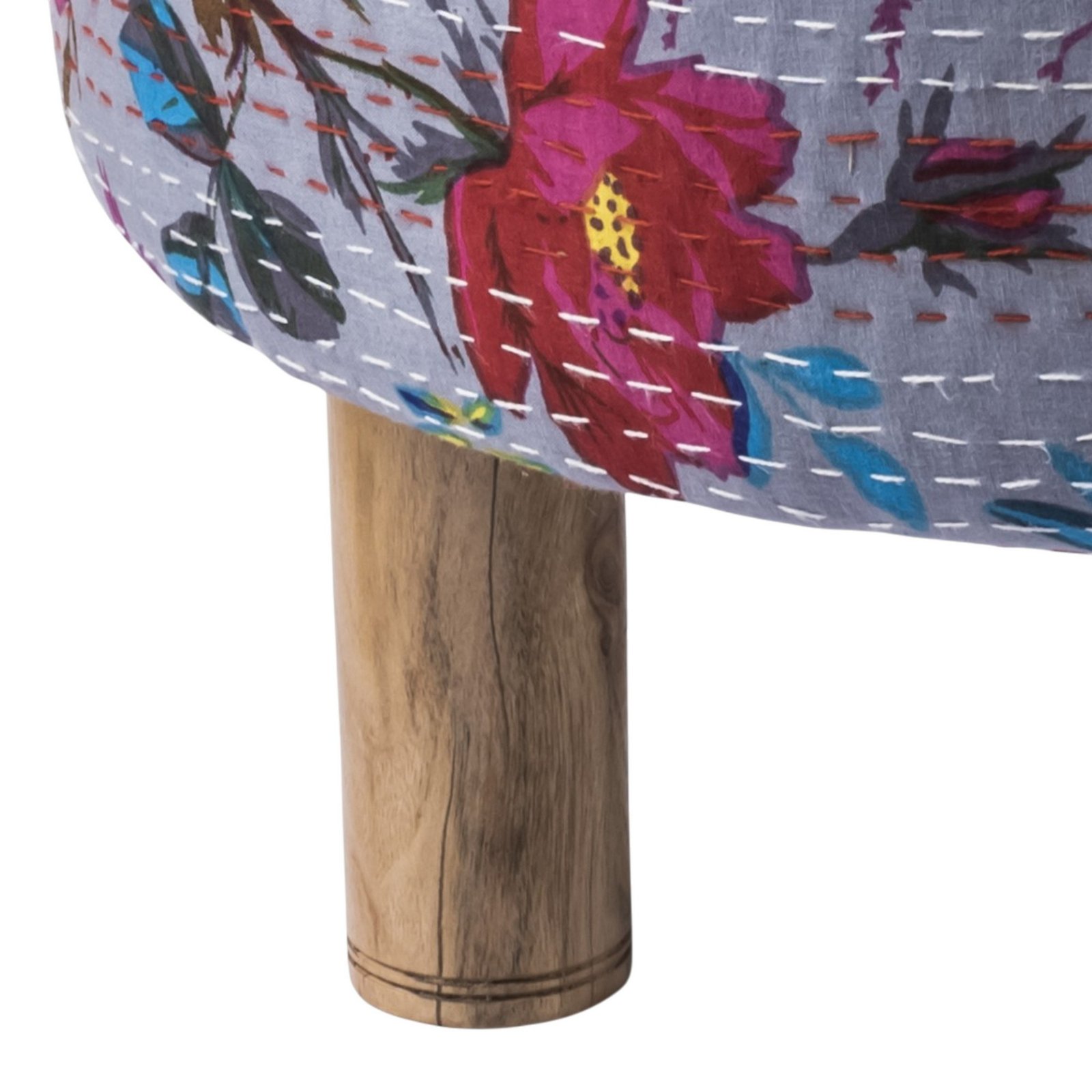 Ikiriya Collio Acacia Wood Mid Century Round Ottoman in Grey Brid Print Kantha Upholstery - Image 4