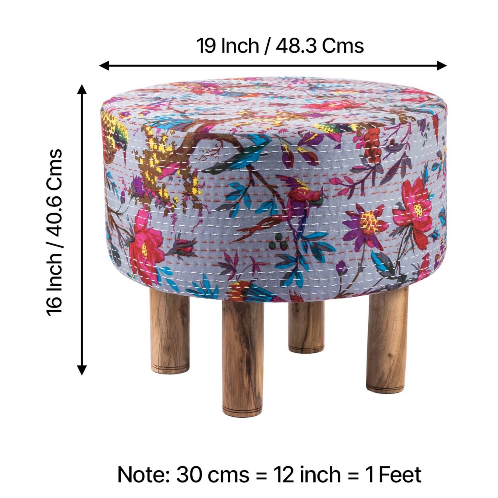 Ikiriya Collio Acacia Wood Mid Century Round Ottoman in Grey Brid Print Kantha Upholstery - Image 5