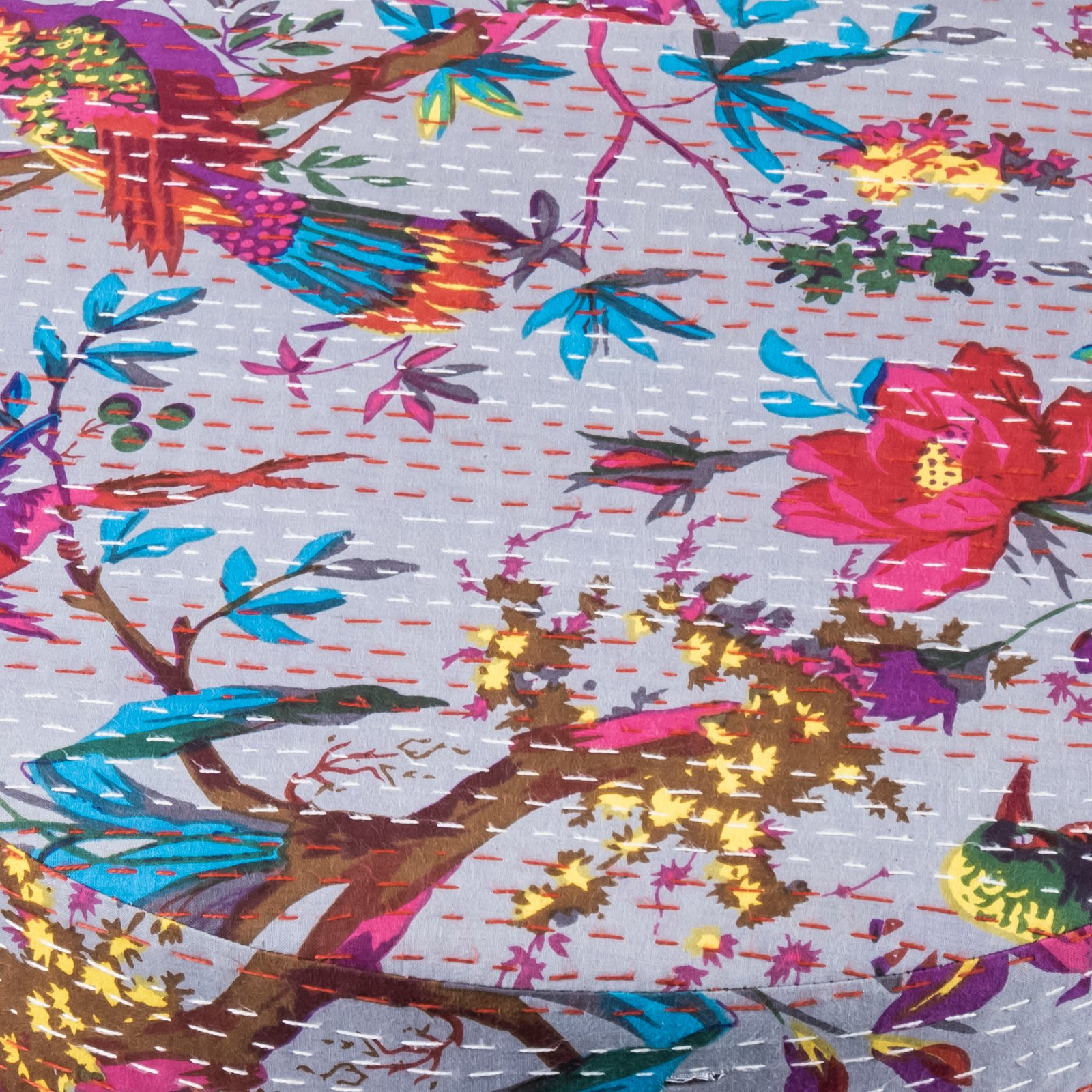 Ikiriya Collio Acacia Wood Mid Century Round Ottoman in Grey Brid Print Kantha Upholstery - Image 9