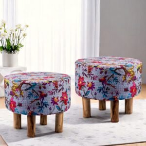 Ikiriya Collio Acacia Wood Mid Century Round Set of 2 Ottomans in Grey Brid Print Kantha Upholstery