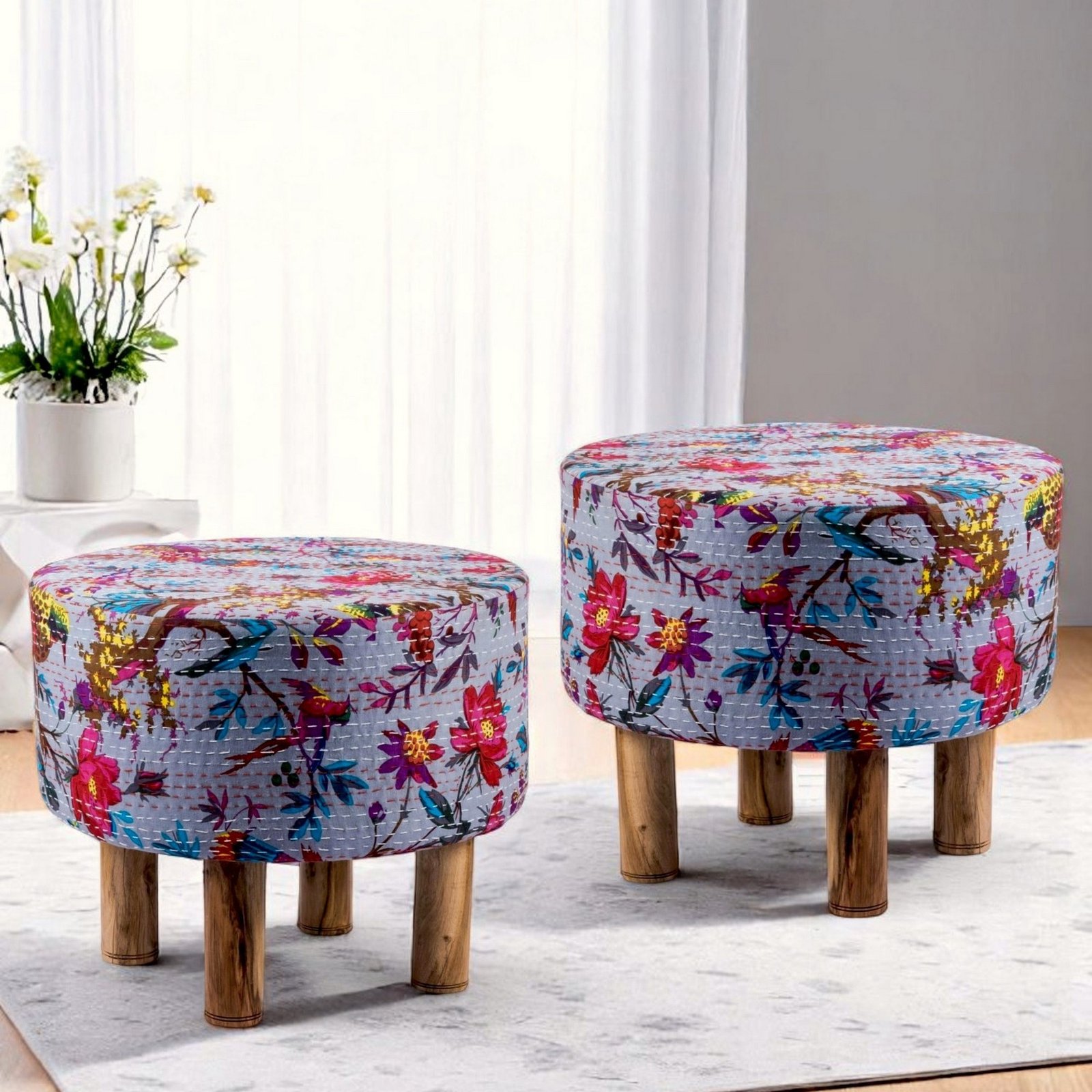 Ikiriya Collio Acacia Wood Mid Century Round Set of 2 Ottomans in Grey Brid Print Kantha Upholstery