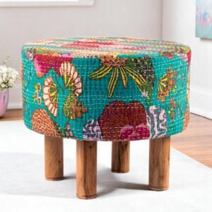 Ikiriya Collio Acacia Wood Mid Century Round Ottoman in Sea Green Fruit Print Kantha Upholstery