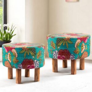 Ikiriya Collio Acacia Wood Mid Century Round Set of 2 Ottomans in Sea Green Fruit Print Kantha Upholstery