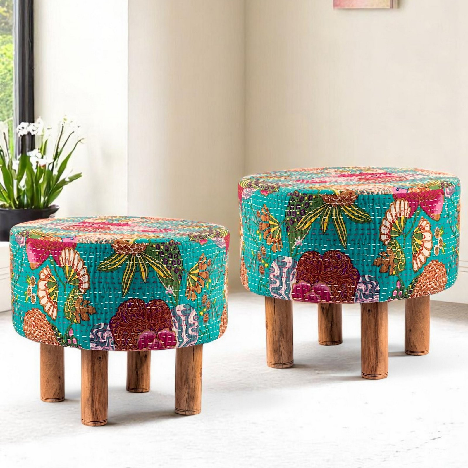 Ikiriya Collio Acacia Wood Mid Century Round Set of 2 Ottomans in Sea Green Fruit Print Kantha Upholstery