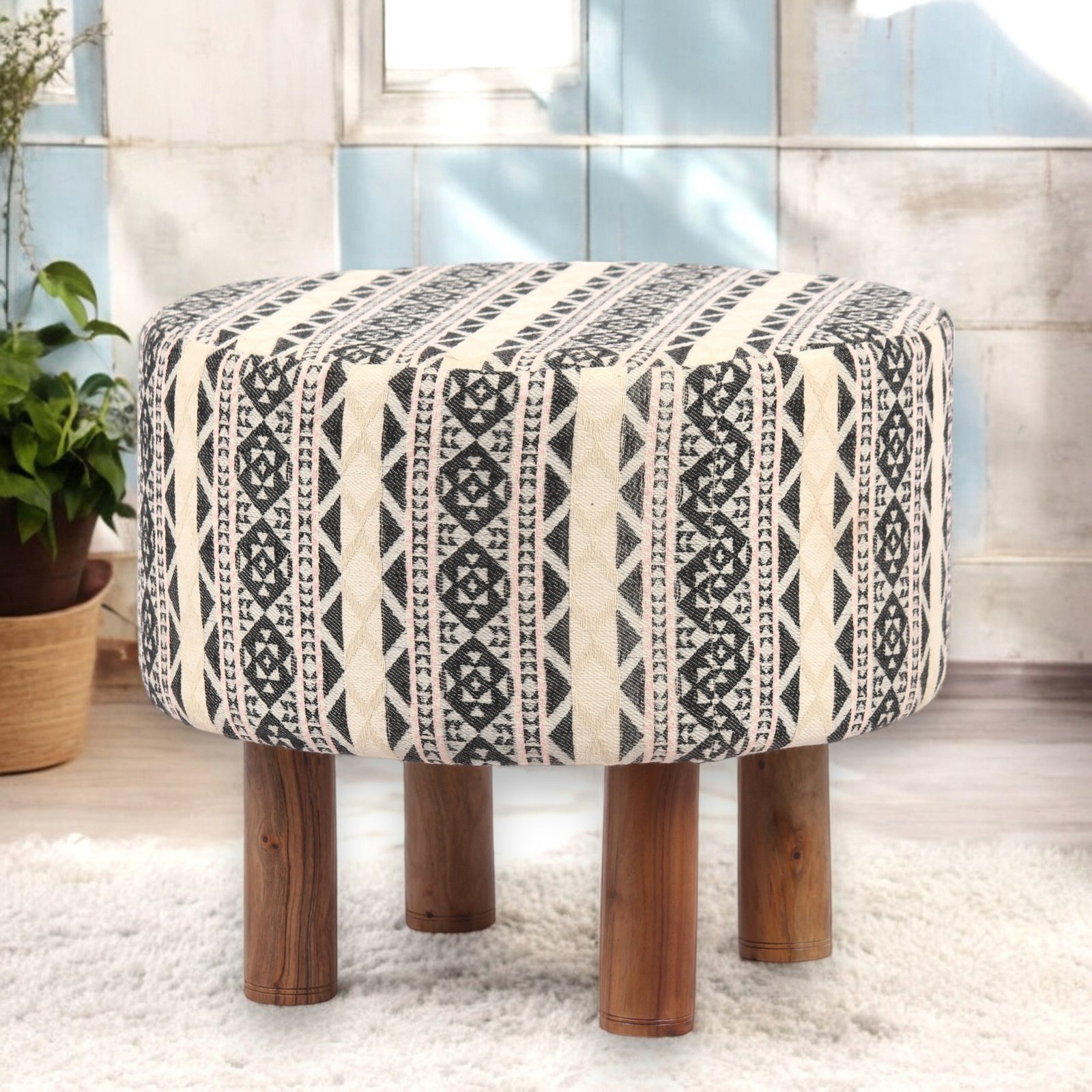 Ikiriya Collio Acacia Wood Parisian Round Ottoman in Multi-Colour Jacquard Work Fabric Upholstery