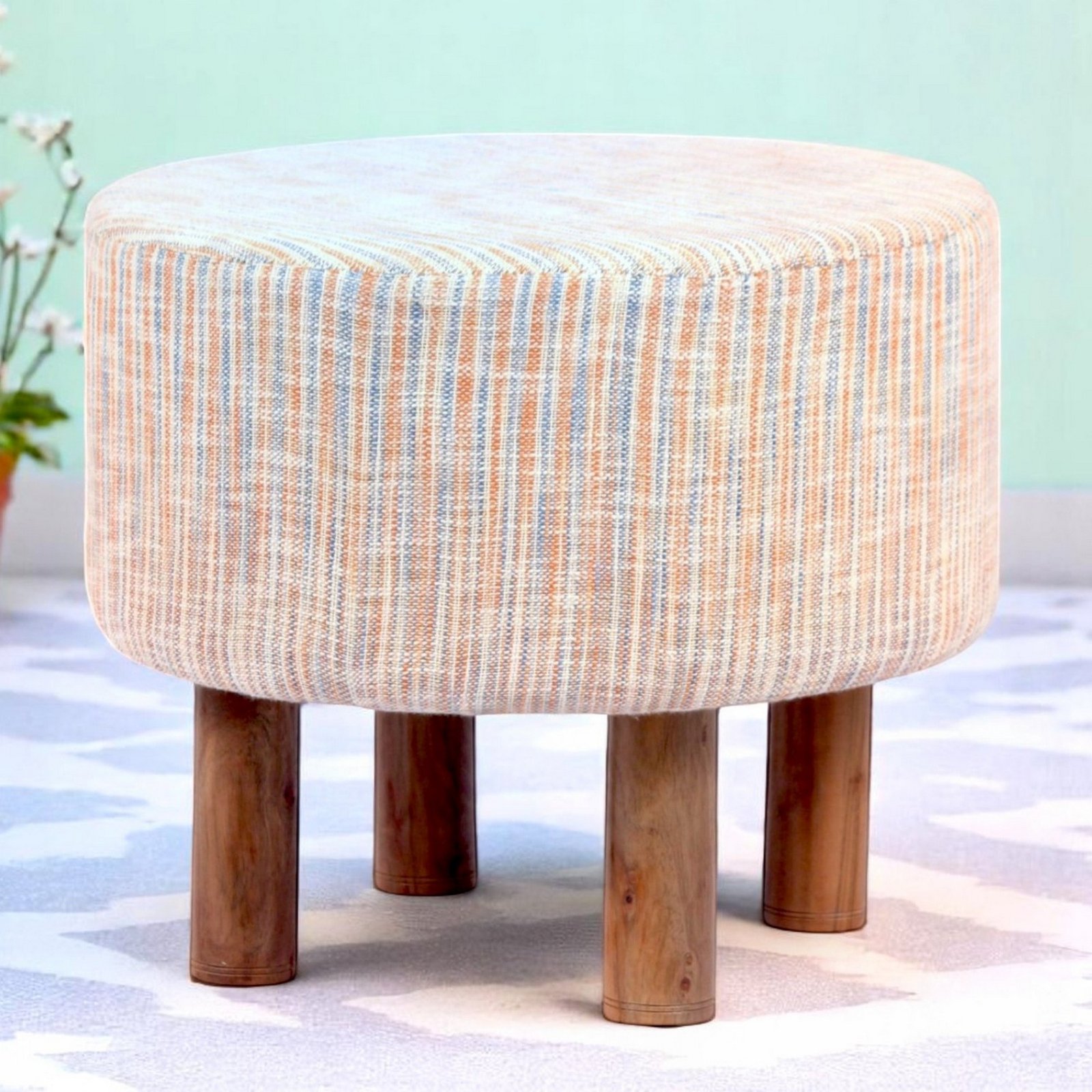 Ikiriya Collio Acacia Wood Parisian Round Ottoman in Beige Jacquard Work Fabric Upholstery