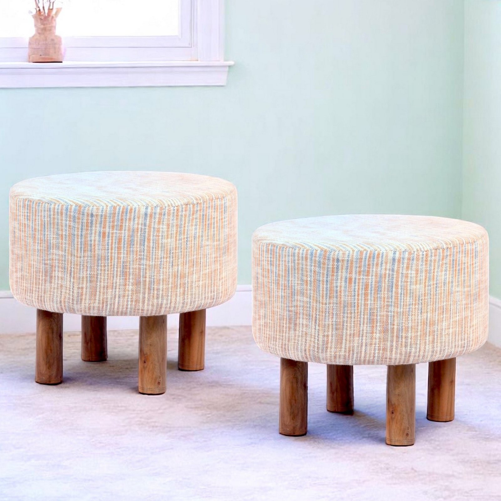 Ikiriya Collio Acacia Wood Parisian Round Set of 2 Ottomans in Beige Jacquard Work Fabric Upholstery