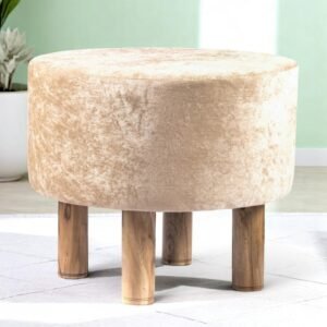 Ikiriya Collio Acacia Wood Accent Round Ottoman in Beige Sparkle Velvet Upholstery