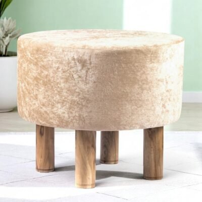 Ikiriya Collio Acacia Wood Accent Round Ottoman in Beige Sparkle Velvet Upholstery