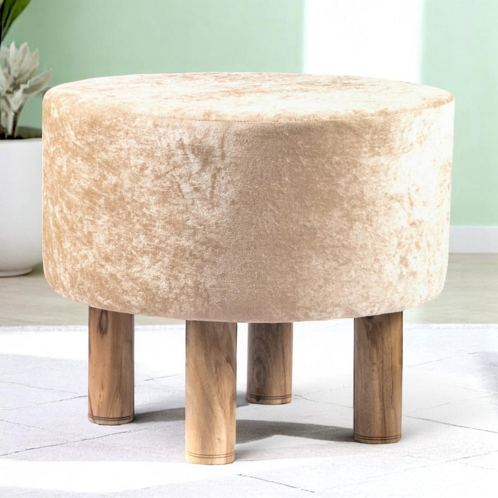 Ikiriya Collio Acacia Wood Accent Round Ottoman in Beige Sparkle Velvet Upholstery