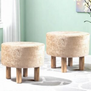 Ikiriya Collio Acacia Wood Accent Round Set of 2 Ottomans in Beige Sparkle Velvet Upholstery