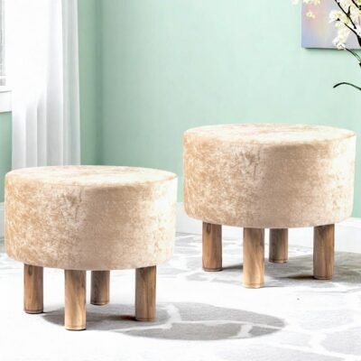 Ikiriya Collio Acacia Wood Accent Round Set of 2 Ottomans in Beige Sparkle Velvet Upholstery