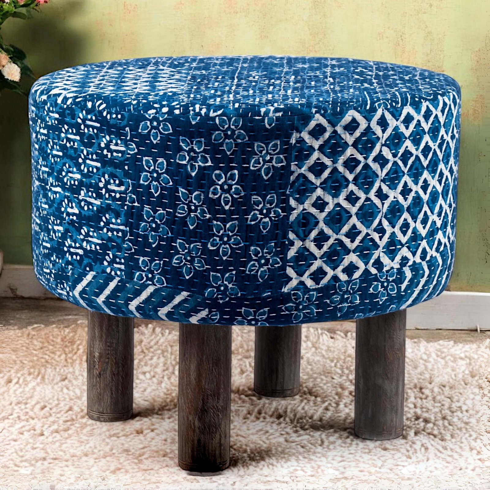 Ikiriya Collio Acacia Wood Mid Century Round Ottoman in indigo Patchwork Kantha Upholstery