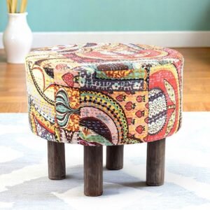 Ikiriya Collio Acacia Wood Bohemian Round Ottoman in Israel Print Patchwork Kantha Upholstery