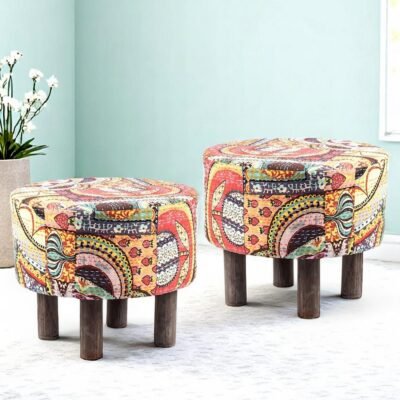 Ikiriya Collio Acacia Wood Bohemian Round Set of 2 Ottomans in Israel Print Patchwork Kantha Upholstery