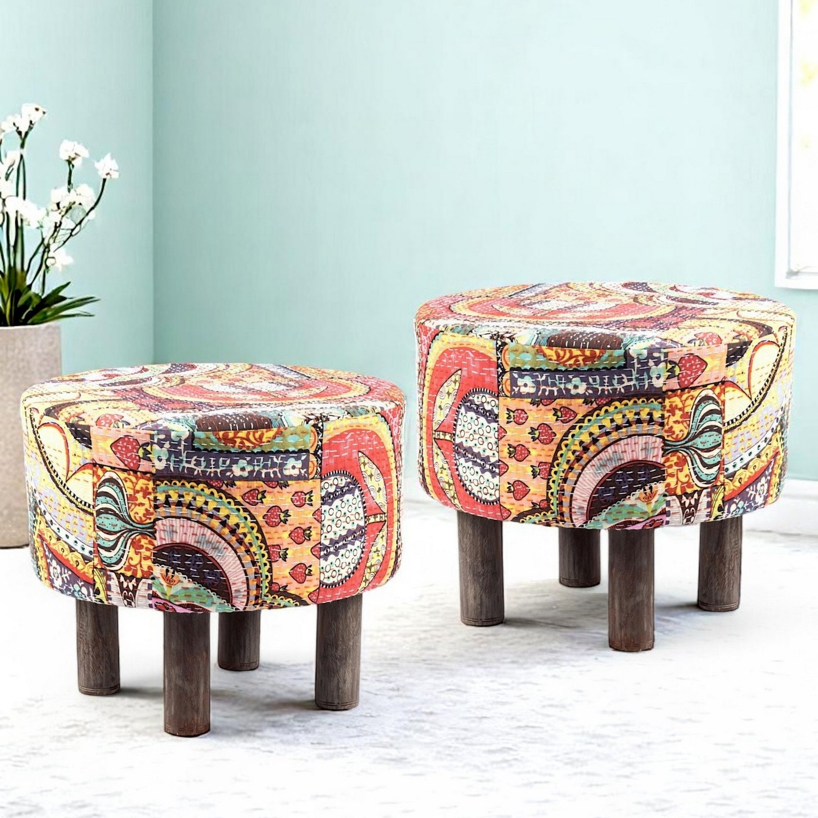 Ikiriya Collio Acacia Wood Bohemian Round Set of 2 Ottomans in Israel Print Patchwork Kantha Upholstery