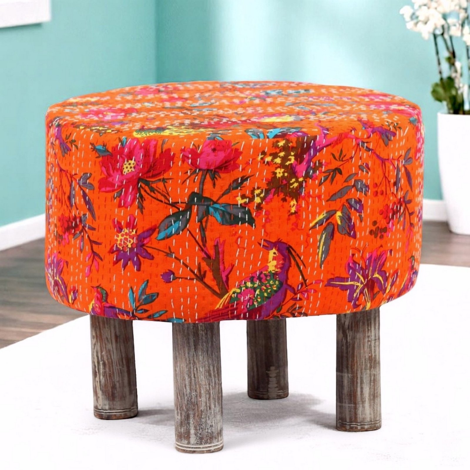 Ikiriya Collio Acacia Wood Mid Century Round Set of 2 Ottomans in Bird Print Orange Kantha Upholstery - Image 10