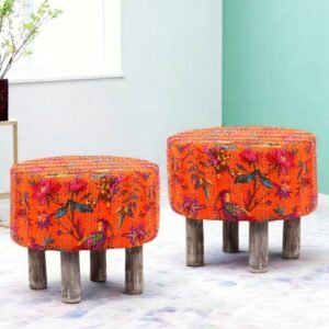 Ikiriya Collio Acacia Wood Mid Century Round Set of 2 Ottomans in Bird Print Orange Kantha Upholstery