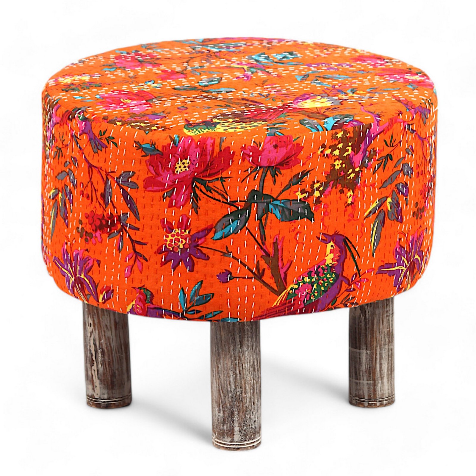 Ikiriya Collio Acacia Wood Mid Century Round Set of 2 Ottomans in Bird Print Orange Kantha Upholstery - Image 3