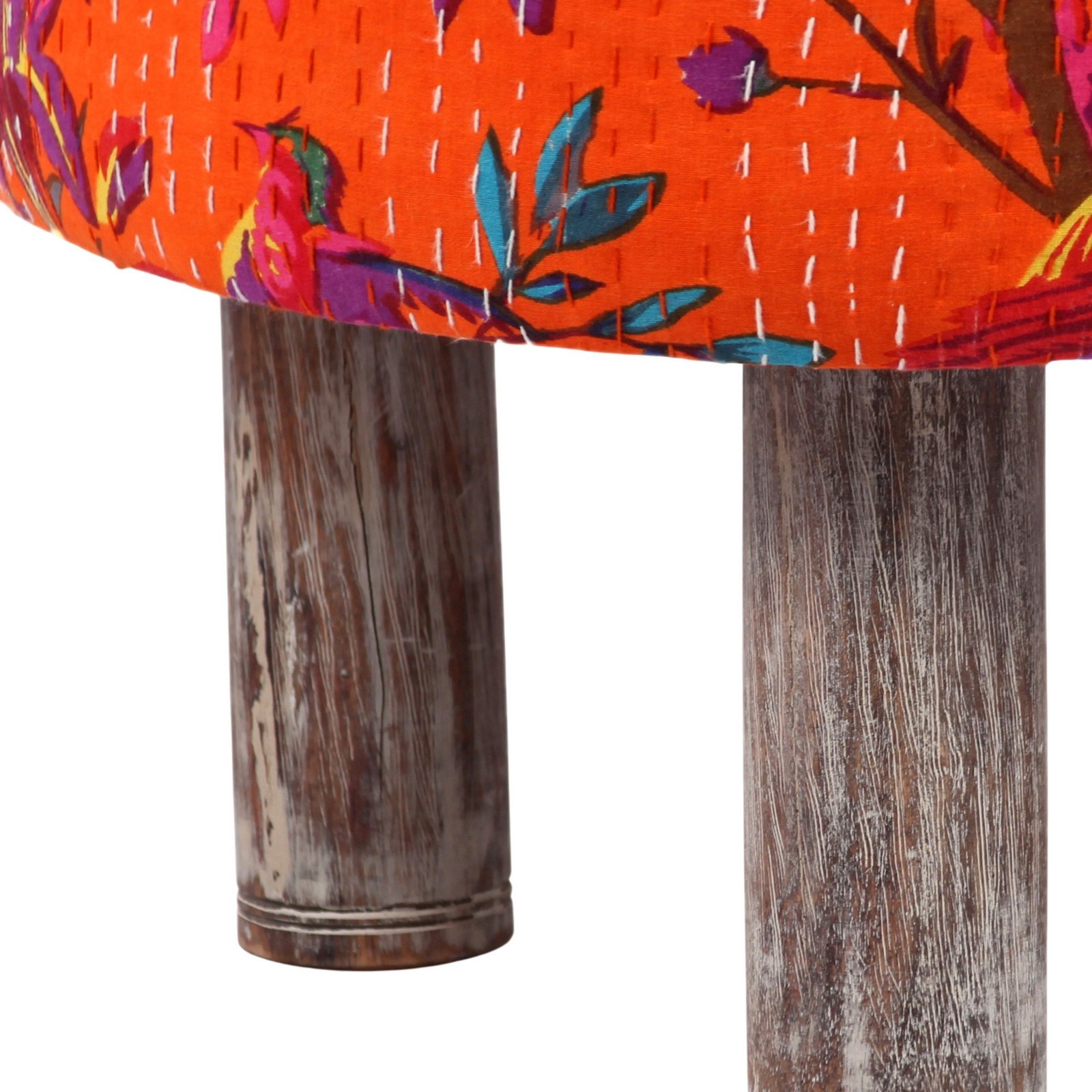 Ikiriya Collio Acacia Wood Mid Century Round Set of 2 Ottomans in Bird Print Orange Kantha Upholstery - Image 4