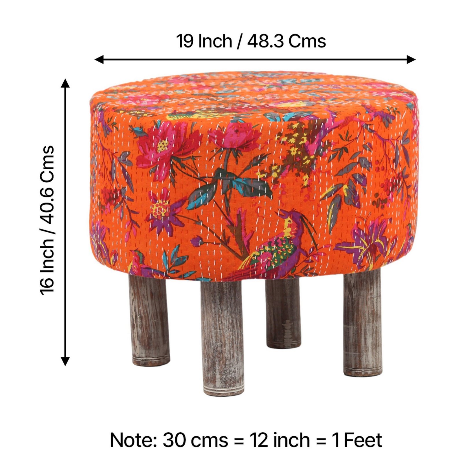 Ikiriya Collio Acacia Wood Mid Century Round Set of 2 Ottomans in Bird Print Orange Kantha Upholstery - Image 5