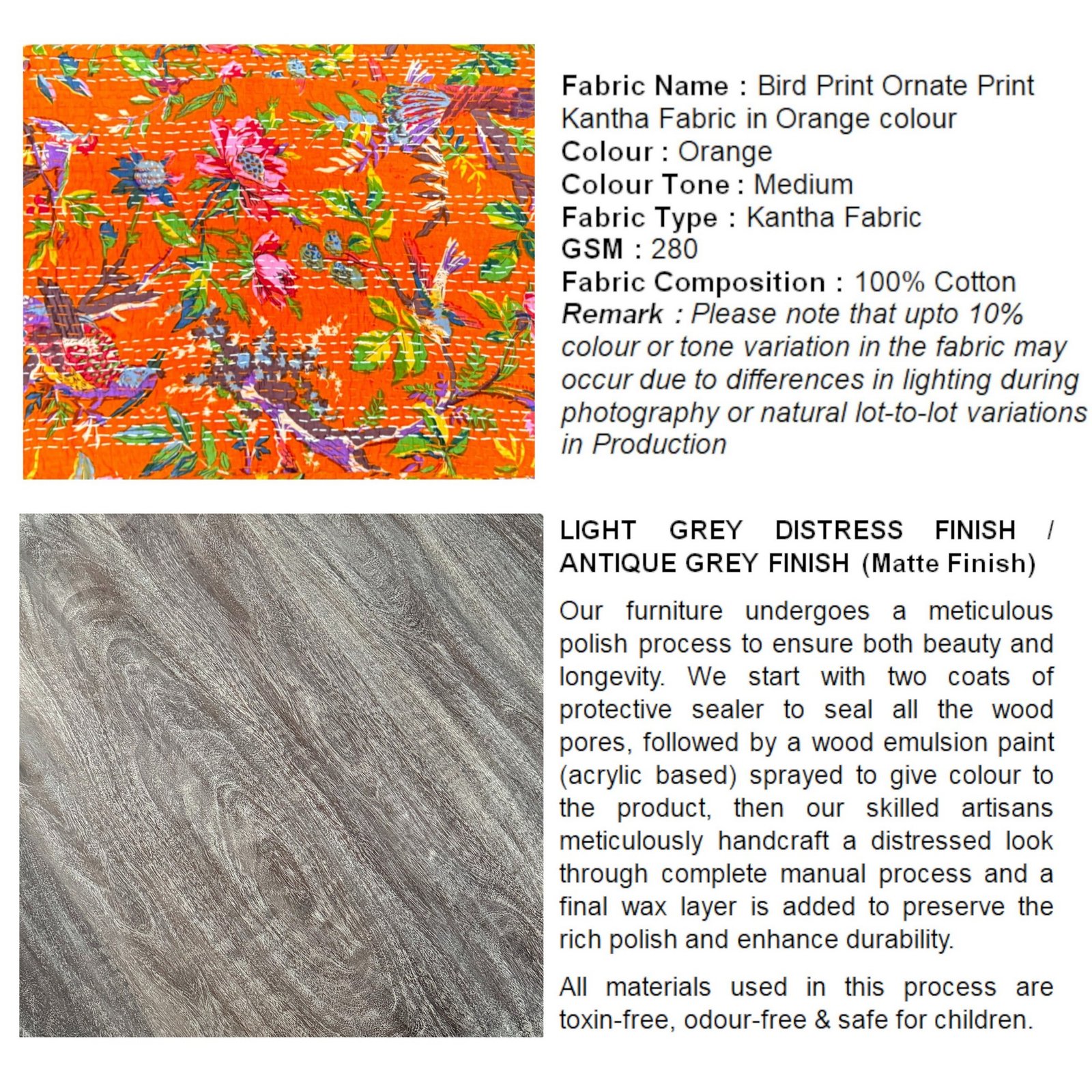 Ikiriya Collio Acacia Wood Mid Century Round Set of 2 Ottomans in Bird Print Orange Kantha Upholstery - Image 6