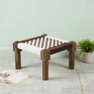 Ikiriya Riaza Sheesham Wood Vintage Square Maachi Foot Stool in Brown & White Rope Canning