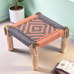 Ikiriya Riaza Sheesham Wood Vintage Square Maachi Foot Stool in Orange & Grey Rope Canning