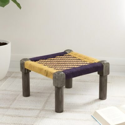 Ikiriya Riaza Sheesham Wood Vintage Square Maachi Foot Stool in Yellow & Purple Rope Canning