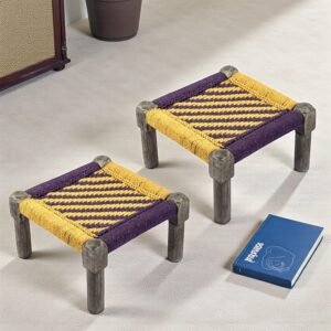 Ikiriya Riaza Sheesham Wood Vintage Square Maachi Set of 2 Foot Stools in Yellow & Purple Rope Canning