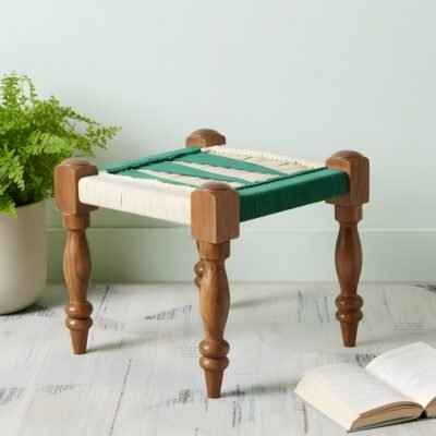 Ikiriya Riaza Sheesham Wood Vintage Square Maachi Stool in Green & White Rope Canning