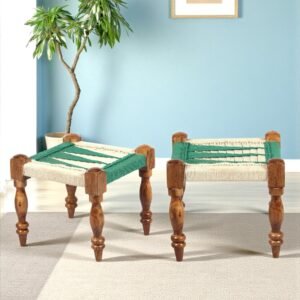 Ikiriya Riaza Sheesham Wood Vintage Square Maachi Set of 2 Stools in Green & White Rope Canning
