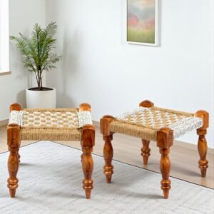 Ikiriya Riaza Sheesham Wood Vintage Square Maachi Set of 2 Stools in Natural Jute & Silver Rope Canning