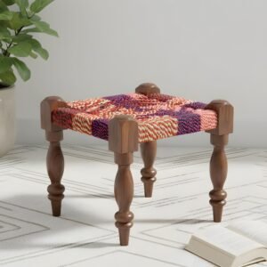 Ikiriya Riaza Sheesham Wood Vintage Square Maachi Stool in Multi Colour Chindi Rope Canning