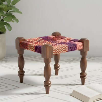 Ikiriya Riaza Sheesham Wood Vintage Square Maachi Stool in Multi Colour Chindi Rope Canning