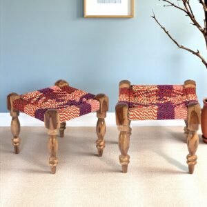 Ikiriya Riaza Sheesham Wood Vintage Square Maachi Set of 2 Stools in Multi Colour Chindi Rope Canning