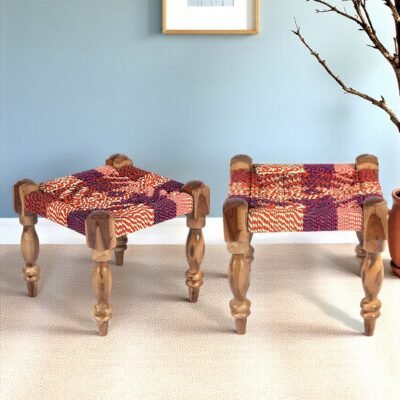 Ikiriya Riaza Sheesham Wood Vintage Square Maachi Set of 2 Stools in Multi Colour Chindi Rope Canning
