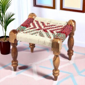 Ikiriya Riaza Sheesham Wood Vintage Square Maachi Stool in Multi Colour Chindi & White Rope Canning