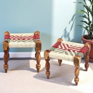 Ikiriya Riaza Sheesham Wood Vintage Square Maachi Set of 2 Stools in Multi Colour Chindi & White Rope Canning