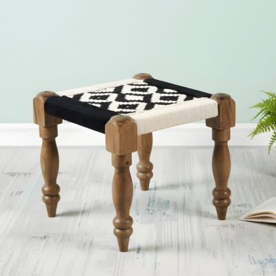 Ikiriya Riaza Sheesham Wood Vintage Square Maachi Stool in Black & White Rope Canning