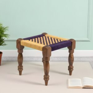 Ikiriya Riaza Sheesham Wood Vintage Square Maachi Stool in Yellow & Purple Rope Canning