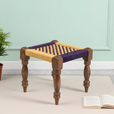 Ikiriya Riaza Sheesham Wood Vintage Square Maachi Stool in Yellow & Purple Rope Canning