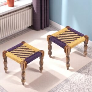 Ikiriya Riaza Sheesham Wood Vintage Square Maachi Set of 2 Stools in Yellow & Purple Rope Canning