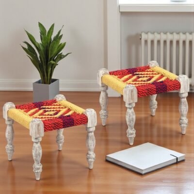 Ikiriya Riaza Sheesham Wood Vintage Square Maachi Set of 2 Stools in Multi Colour Chindi & Yellow Rope Canning